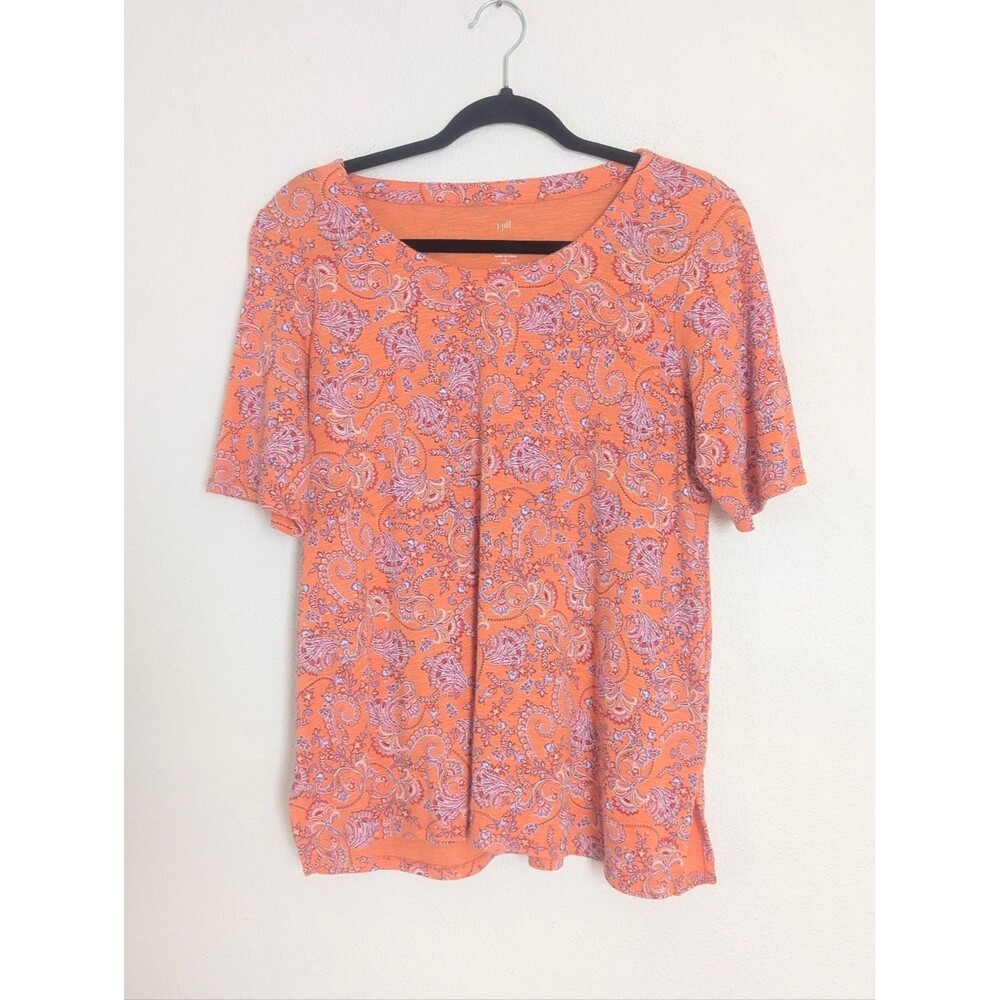 J.Jill Pima-Slub Scoop-Neck Side-Slit Tee Medium Petite Apricot Paisley - Picture 4 of 9